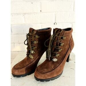Lauren Ralph Lauren Suede Lace Up Ankle Boots Brown Size 8M Stacked Heel